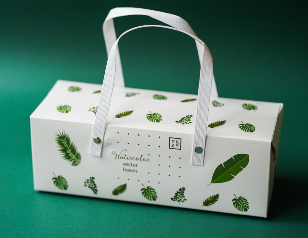 Elegant packaging box featuring watercolor leaf design on a green background.